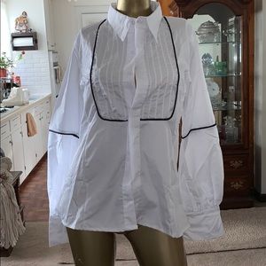 White with black lined shirt